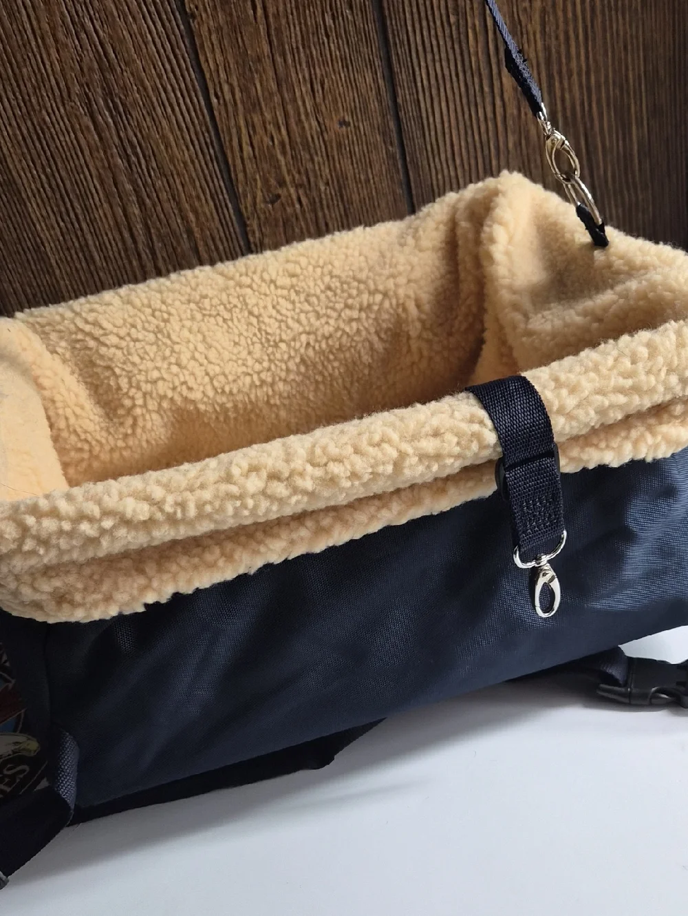 Dog Carseat Navy & Beige Plush Lined Carrier